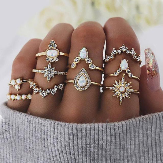 10 Piece Opal Created Ring Set With Austrian Crystals 18K Gold Plated Ring