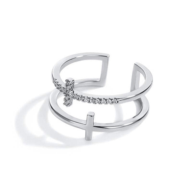 Silver Color Double Cross  Open Rings for Women