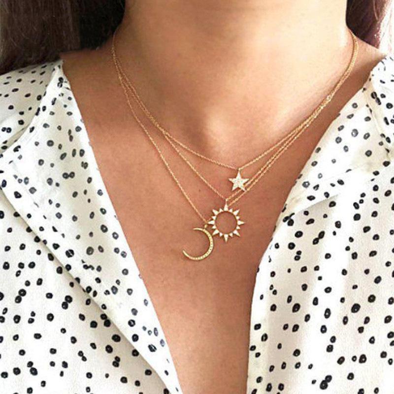 3 Piece Celestial  Necklace With Austrian Crystals 18K Gold Plated Necklace