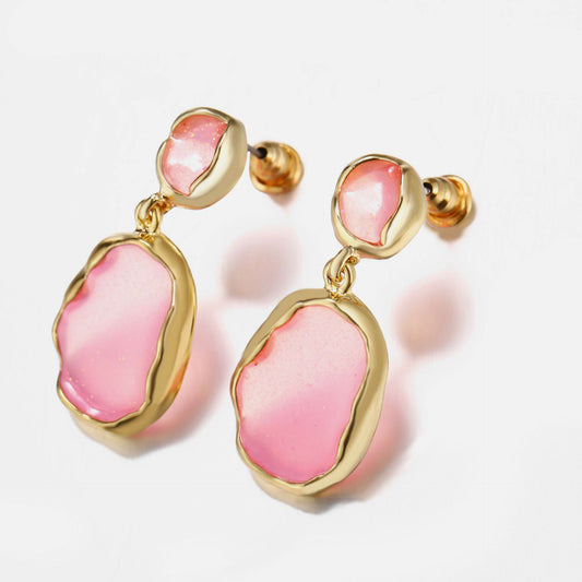 Transparent Glass Stone Drop Earring - Pink 18K Gold Plated Earring in 18K Gold Plated