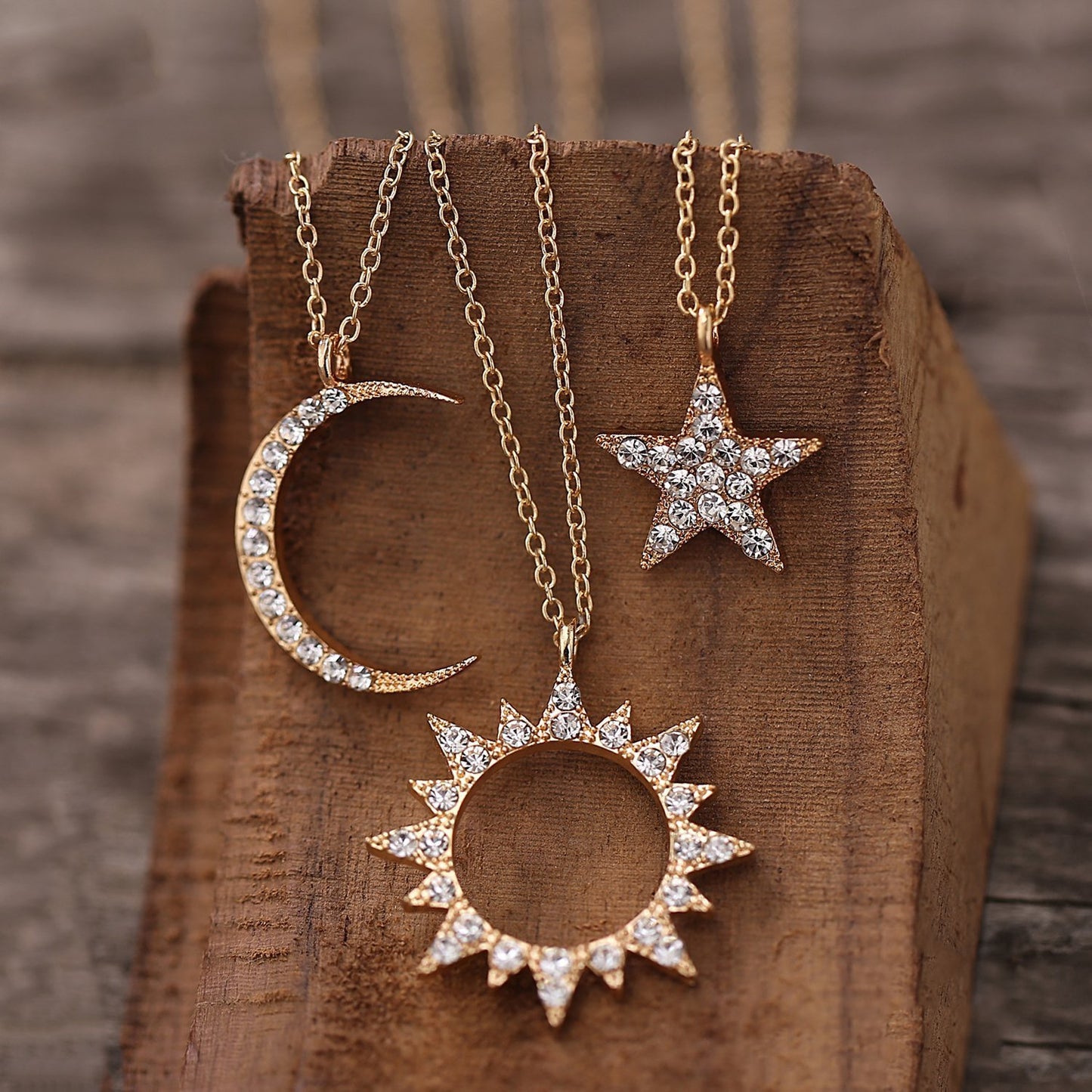 3 Piece Celestial  Necklace With Austrian Crystals 18K Gold Plated Necklace