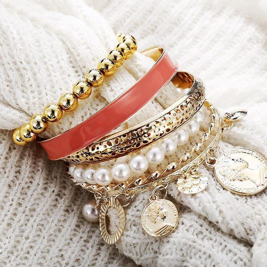 4 Piece Coral Bracelet Set 18K Gold Plated Bracelet in 18K Gold Plated