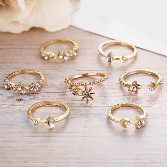 7 Piece Stars Ring Set With Austrian Crystals 18K Gold Plated Ring