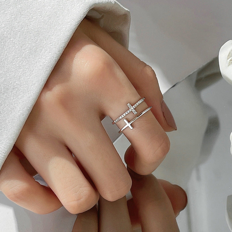 Silver Color Double Cross  Open Rings for Women